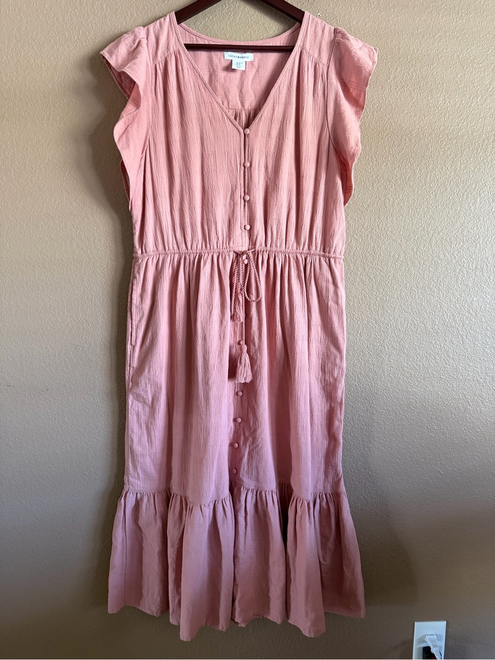 Lucky Brand Blush Pink Button Front Maxi Dress with Tassel Tie & Pockets Size XL - Picture 3 of 11